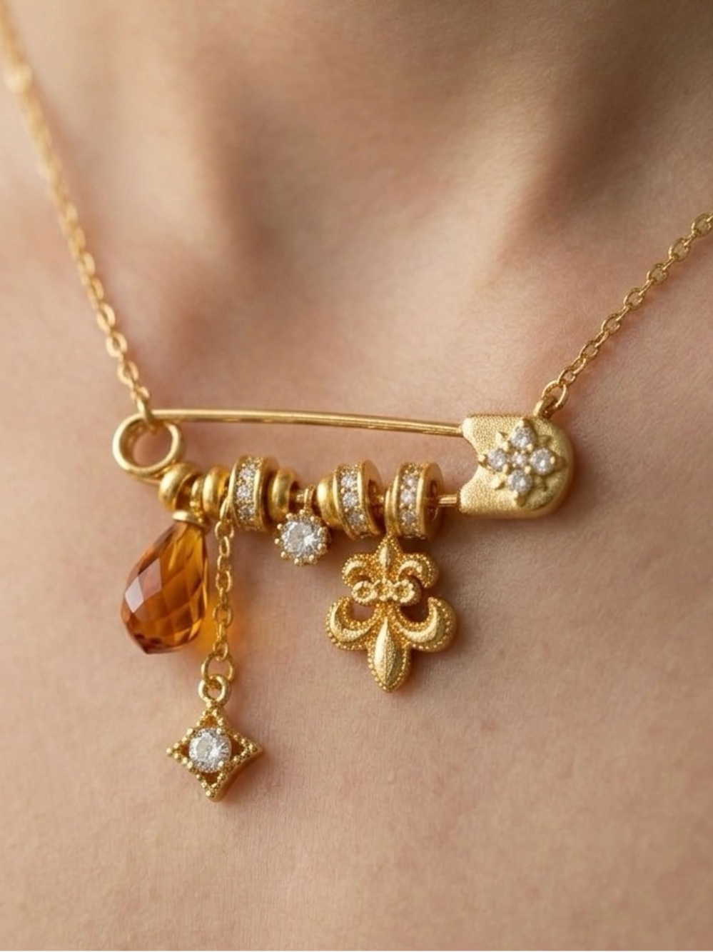Gold Charm Necklace with Crystals